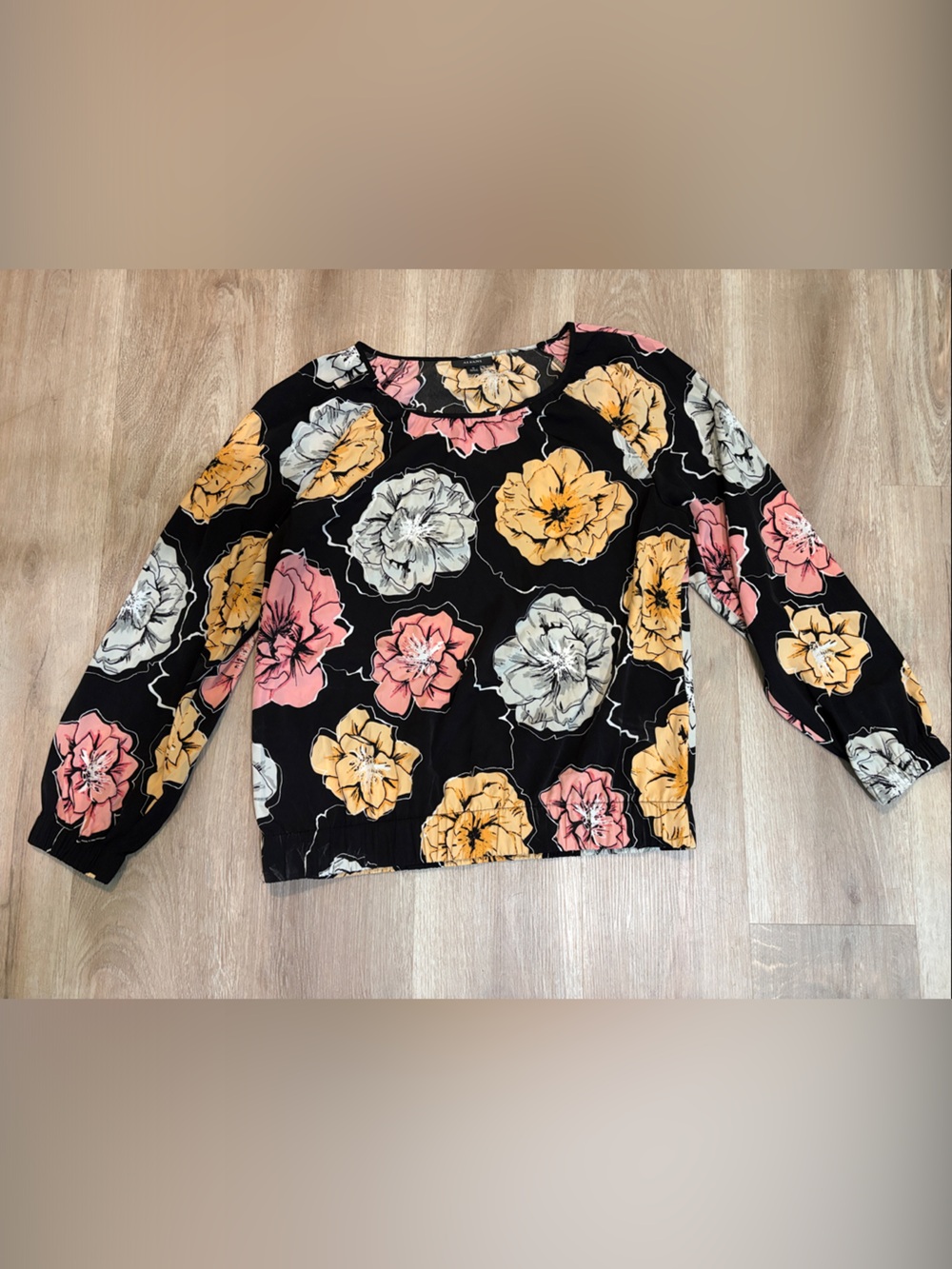 Alfani Black Floral Blouse with Yellow, Pink & Cream Flowers